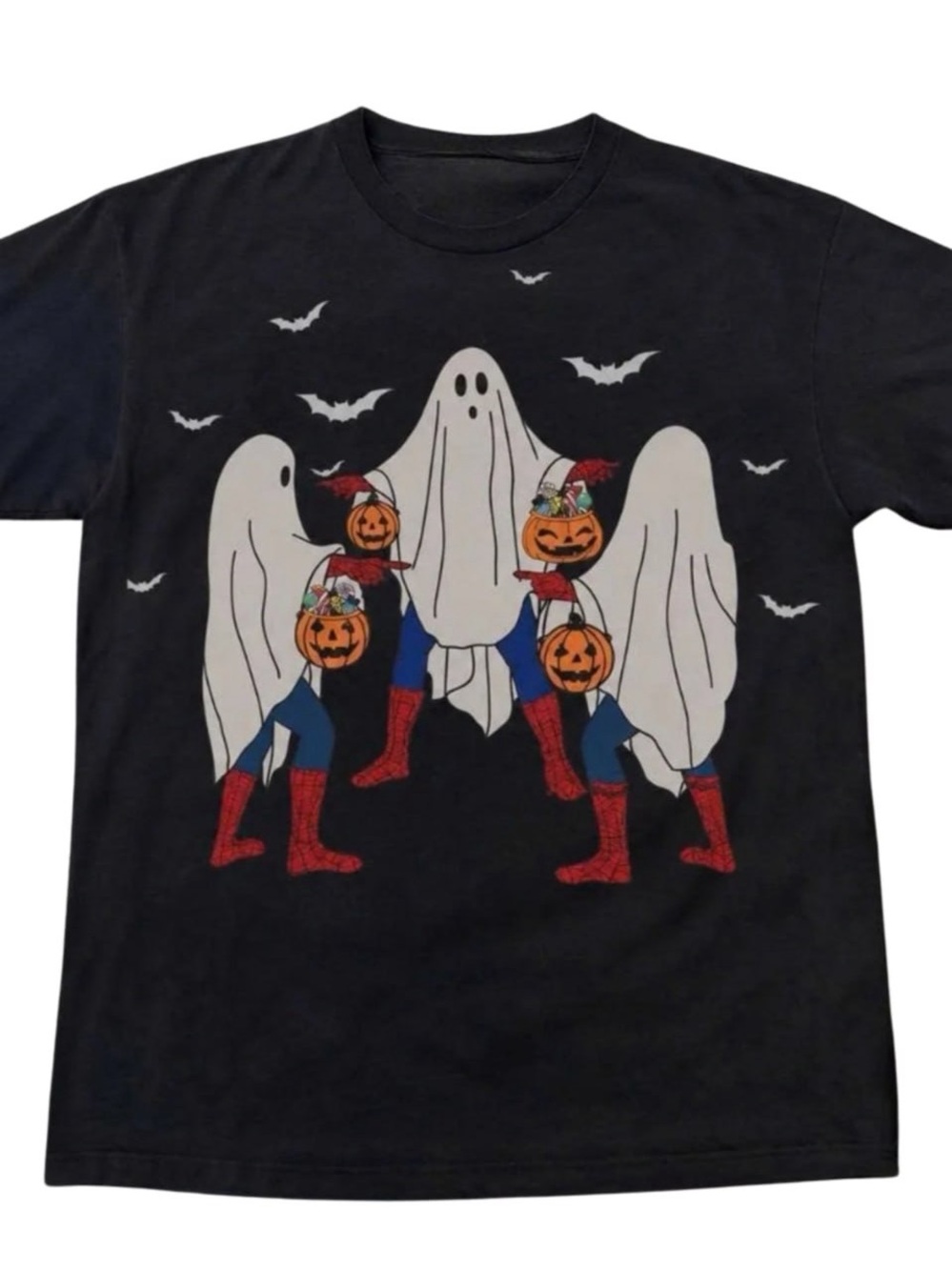 Gildan Black Tee with Ghosts, Pumpkin Heads & Red Boots